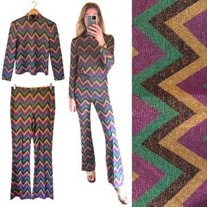 70’s Inspired Disco Metallic Multicolour Zig Zag Flare One Piece Jumpsuit Set